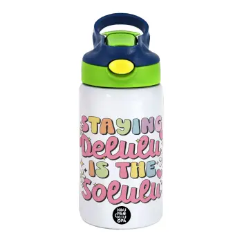 Delulu, Children's hot water bottle, stainless steel, with safety straw, green, blue (350ml)