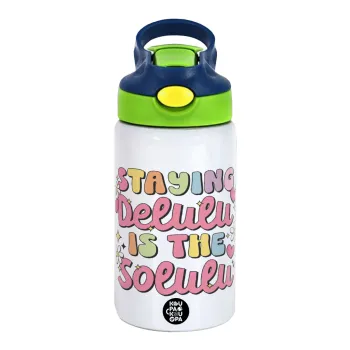 Delulu, Children's hot water bottle, stainless steel, with safety straw, green, blue (350ml)