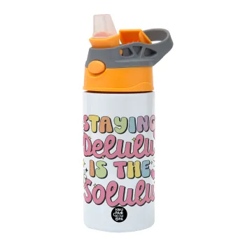 Delulu, Children's hot water bottle, stainless steel, with safety straw, Orange/Grey (360ml) BPA-FREE