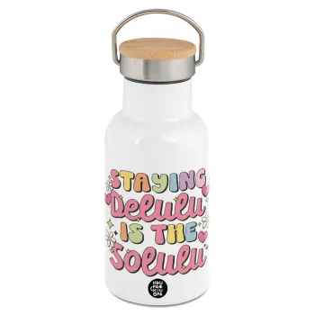 Delulu, Μεταλλικό παγούρι θερμός (Stainless steel) Λευκό με ξύλινο καπακι (bamboo), διπλού τοιχώματος, 350ml