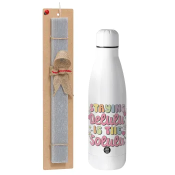 Delulu, Easter Set, metallic stainless thermos bottle (500ml) & scented flat Easter candle (30cm) (GRAY)