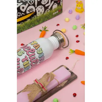 Delulu, Πασχαλινή Λαμπάδα με παγούρι μεταλλικό (620ml, stainless steel) & κερί αρωματικό πλακέ (30cm) (ΡΟΖ)