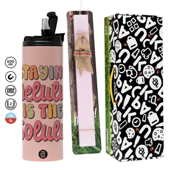 Delulu, Easter candle,Travel Tumbler 2 Lids, with metal straw & cleaning brush & aromatic flat candle (30cm) (PINK)