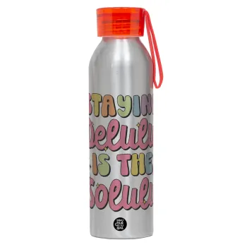 Delulu, Αλουμινένιο Αθλητικό Μπουκάλι 650ml – Ασημί με Κόκκινο Καπάκι και Λουράκι Σιλικόνης