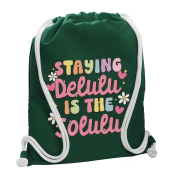 Delulu, Τσάντα πλάτης πουγκί GYMBAG BOTTLE GREEN, με τσέπη (40x48cm) & χονδρά λευκά κορδόνια