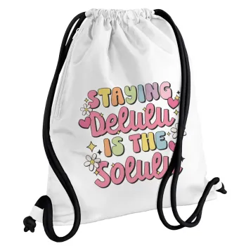 Delulu, Backpack pouch GYMBAG white, with pocket (40x48cm) & thick cords