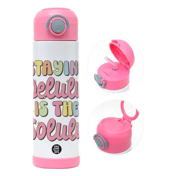 Delulu, Children's hot water bottle, stainless steel, with safety straw, PINK (500ml)