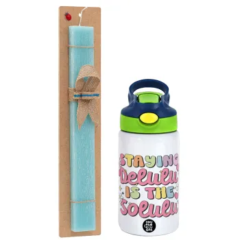 Delulu, Easter Set, Children's thermal stainless steel bottle with safety straw, green/blue (350ml) & aromatic flat Easter candle (30cm) (TURQUOISE)