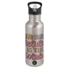 Water bottle Silver with straw, stainless steel 600ml