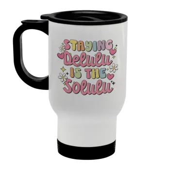 Delulu, Κούπα ταξιδιού ανοξείδωτη με καπάκι, διπλού τοιχώματος (θερμό) λευκή 450ml