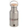 Stainless steel metallic thermos flask, silver with a bamboo lid, double-walled, 350ml.