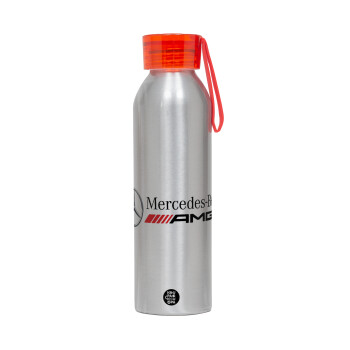 AMG Mercedes, Aluminum Sports Bottle 650ml – Silver with Red Cap and Silicone Strap
