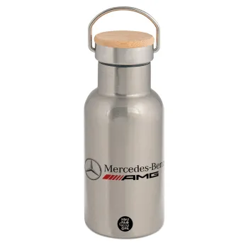 AMG Mercedes, Μεταλλικό παγούρι θερμός (Stainless steel) Ασημένιο με ξύλινο καπακι (bamboo), διπλού τοιχώματος, 350ml