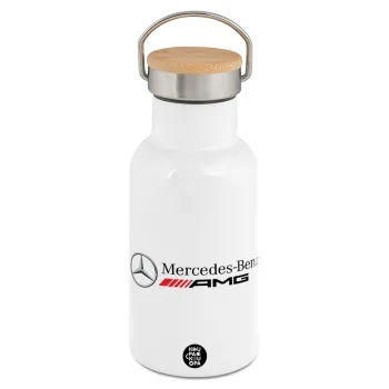 AMG Mercedes, Metallic thermos (Stainless steel) White with wooden lid (bamboo), double-walled, 350ml