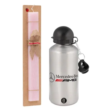 AMG Mercedes, Easter Set, metallic Silver aluminum water bottle (500ml) & scented flat Easter candle (30cm) (PINK)