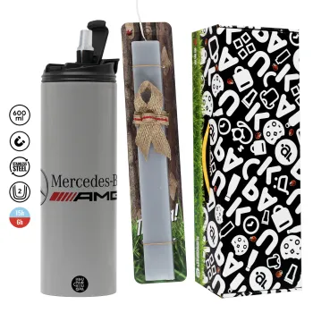 AMG Mercedes, Πασχαλινή Λαμπάδα με Travel Tumbler θερμό (600ml, BPA free) & κερί αρωματικό πλακέ (30cm) (ΓΚΡΙ)