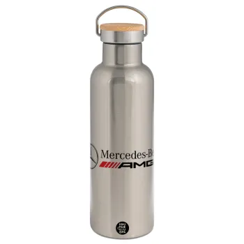 AMG Mercedes, Μεταλλικό παγούρι θερμός (Stainless steel) Ασημένιο με ξύλινο καπακι (bamboo), διπλού τοιχώματος, 750ml