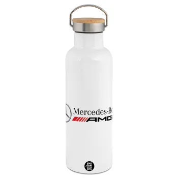 AMG Mercedes, Stainless steel White with wooden lid (bamboo), double wall, 750ml