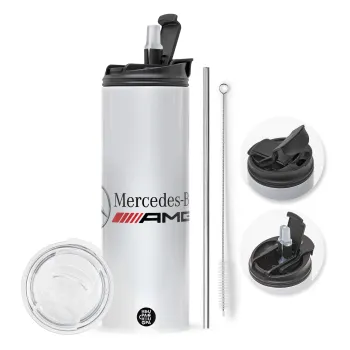 AMG Mercedes, Travel Tumbler 2 Lids, with metal straw & cleaning brush (Stainless steel 304 Food grade, BPA free, 600ml)