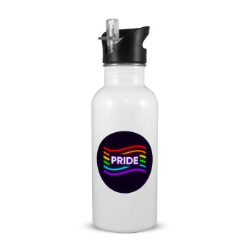 Pride , White water bottle with straw, stainless steel 600ml