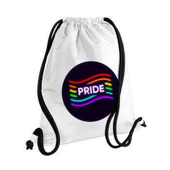 Pride , Τσάντα πλάτης πουγκί GYMBAG λευκή, με τσέπη (40x48cm) & χονδρά κορδόνια