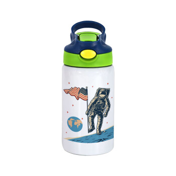 The first man on the moon, Children's hot water bottle, stainless steel, with safety straw, green, blue (350ml)