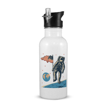 The first man on the moon, White water bottle with straw, stainless steel 600ml