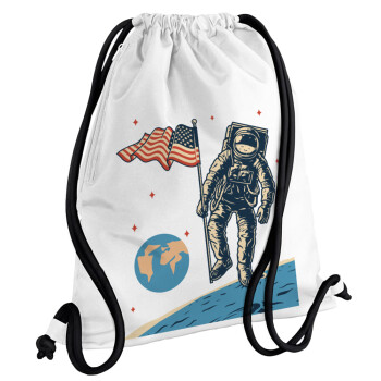 The first man on the moon, Τσάντα πλάτης πουγκί GYMBAG λευκή, με τσέπη (40x48cm) & χονδρά κορδόνια