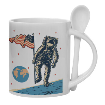 The first man on the moon, Ceramic coffee mug with Spoon, 330ml (1pcs)