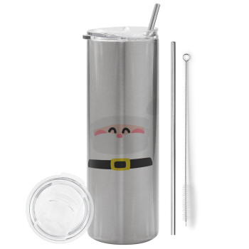 Simple Santa, Eco friendly stainless steel Silver tumbler 600ml, with metal straw & cleaning brush