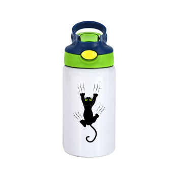 cat grabbing, Children's hot water bottle, stainless steel, with safety straw, green, blue (350ml)