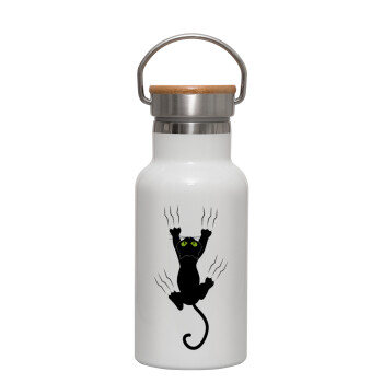 cat grabbing, Metallic thermos (Stainless steel) White with wooden lid (bamboo), double-walled, 350ml