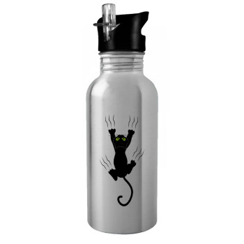 cat grabbing, Water bottle Silver with straw, stainless steel 600ml