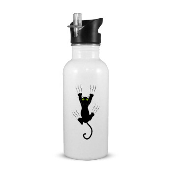 cat grabbing, White water bottle with straw, stainless steel 600ml