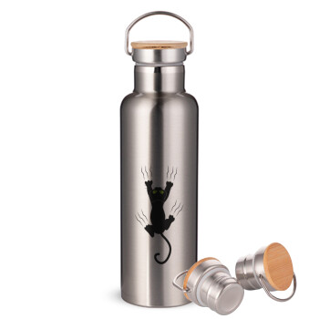 cat grabbing, Stainless steel Silver with wooden lid (bamboo), double wall, 750ml