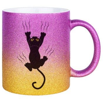cat grabbing, Κούπα Χρυσή/Ροζ Glitter, κεραμική, 330ml