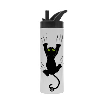 cat grabbing, Metallic thermos bottle with straw & handle, stainless steel (Stainless steel 304), double-walled, 600ml.