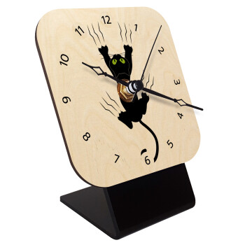 cat grabbing, Quartz Table clock in natural wood (10cm)