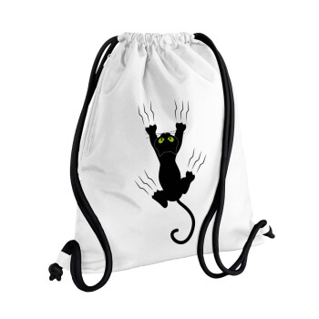 cat grabbing, Backpack pouch GYMBAG white, with pocket (40x48cm) & thick cords