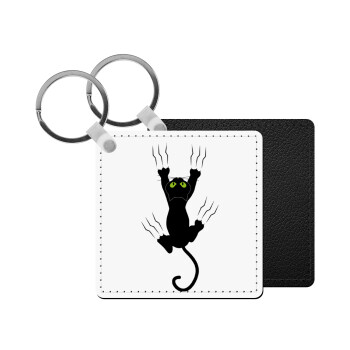 Γατούλα γρατζουνιά, Μπρελόκ Δερματίνη, τετράγωνο ΜΑΥΡΟ (5x5cm)