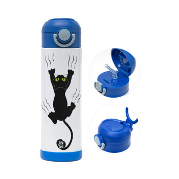 cat grabbing, Children's hot water bottle, stainless steel, with safety straw, BLUE (500ml)