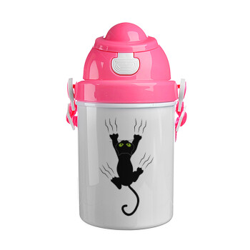 Γατούλα γρατζουνιά, Ροζ παιδικό παγούρι πλαστικό (BPA-FREE) με καπάκι ασφαλείας, κορδόνι και καλαμάκι, 400ml