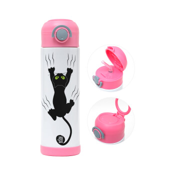 cat grabbing, Children's hot water bottle, stainless steel, with safety straw, PINK (500ml)