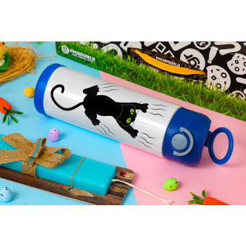 cat grabbing, Easter candle, Childrens hot water bottle, stainless steel, with safety straw, BLUE (500ml)