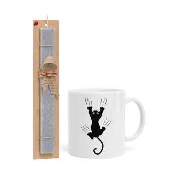 cat grabbing, Easter Set, Ceramic Cup (330ml) & Easter aromatic flat candle (30cm) (GRAY)