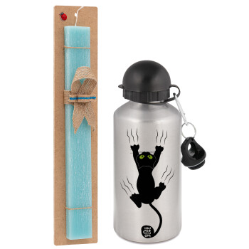 cat grabbing, Easter Set, metallic silver aluminum water bottle (500ml) & scented flat Easter candle (30cm) (TURQUOISE)