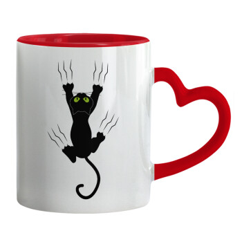 cat grabbing, Mug heart red handle, ceramic, 330ml