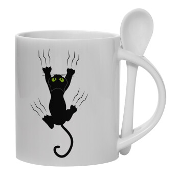 cat grabbing, Ceramic coffee mug with Spoon, 330ml (1pcs)