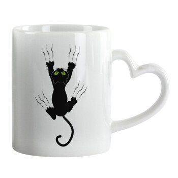 cat grabbing, Mug heart handle, ceramic, 330ml