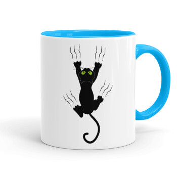 cat grabbing, Mug colored light blue, ceramic, 330ml